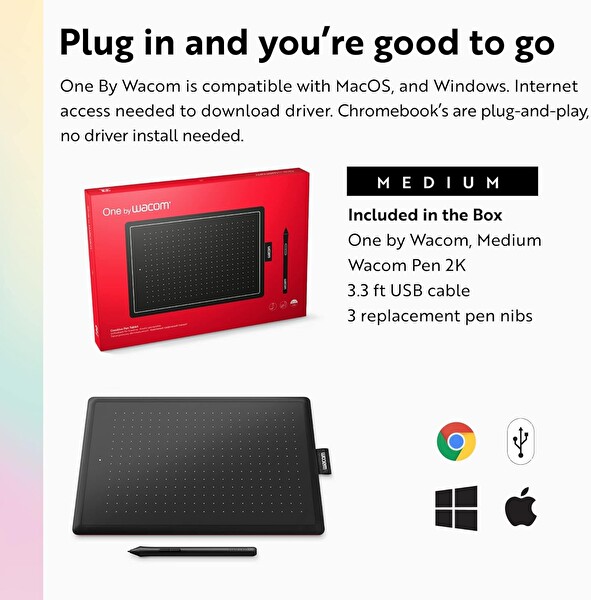 Wacom One Medium Taşınabilir ve Çok Yönlü Grafik Çizim Tableti