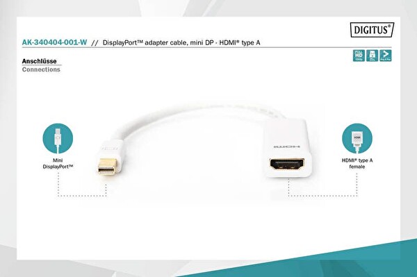 Digitus AK-340404-001-W Mini Displayport => HDMI Çevirici / 0.15m