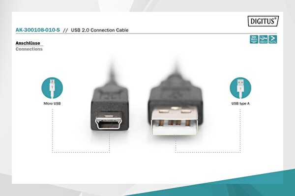 Digitus AK-300108-030-S 3.0m USB2.0 => USB Mini B (Giriş: USB 2.0 Tip-A => Çıkış : USB Tip-B Mini)