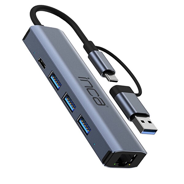 Inca IUTP-5T USB/Type-C Hub X3 USB 3.0 - Type-C - Ethernet RJ45 Çoklayıcı Alüminyum Kasa