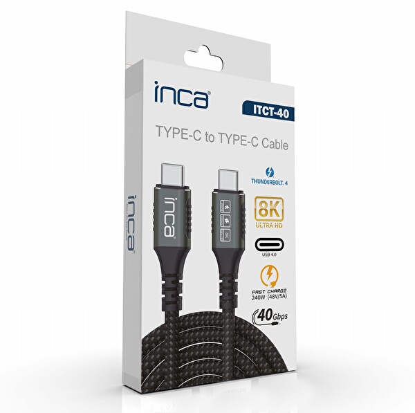 Inca ITCT-40 USB4 8K@60Hz Thunderbolt 4/3 40 Gbps PD240W Type-C to Type-C Kablo -0.8m