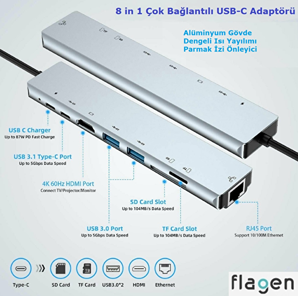 Flagen Macbook Air M2 2022 Type-C Çoğaltıcı Uyumlu 8 in 1 Ethernet SD USB HDMI Hub Çevirici FL-428