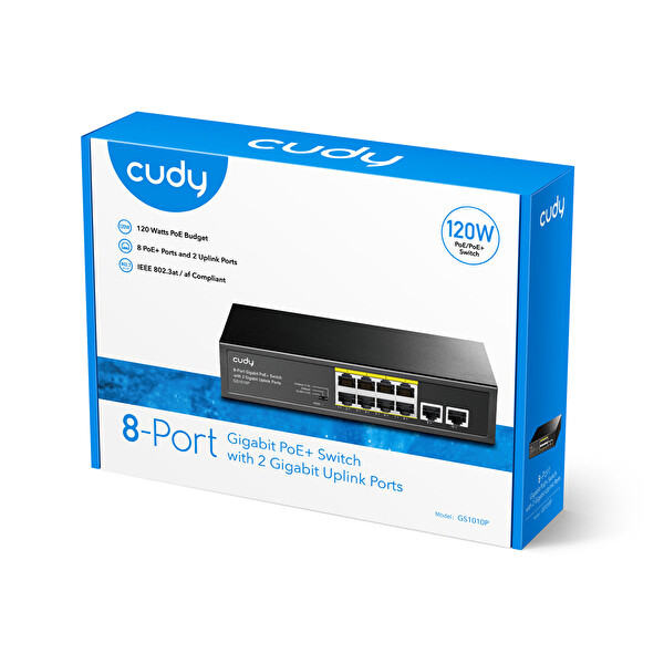 Cudy Switch 8 Port GS1010P 10/100/1000Mbps 2XGE Uplink Vlan&Extend Mode 250M 120W PoE+ Ethernet