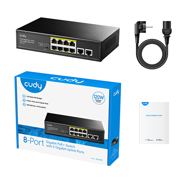 Cudy Switch 8 Port GS1010P 10/100/1000Mbps 2XGE Uplink Vlan&Extend Mode 250M 120W PoE+ Ethernet