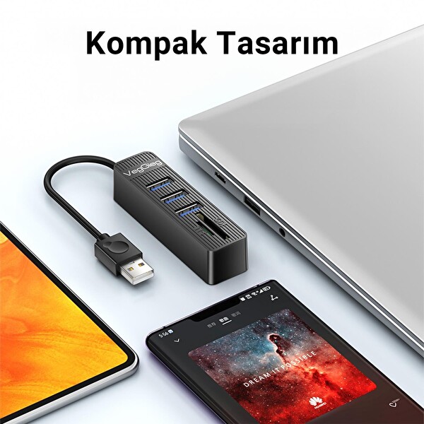 VegGieg USB 3.0 SD - MicroSD Kart Okuyucu ve 3 Port USB Çoklayıcı Hub C303