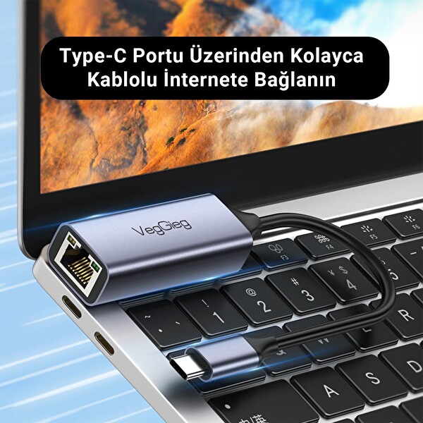 VegGieg Type-C 1000Mbps Gigabit Ethernet Adaptörü PC - Mac - Konsol - Tv Box Uyumlu K308