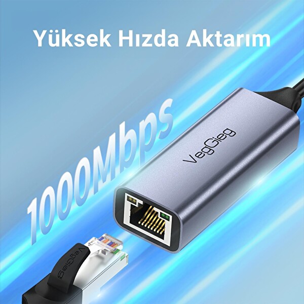 VegGieg Type-C 1000Mbps Gigabit Ethernet Adaptörü PC - Mac - Konsol - Tv Box Uyumlu K308