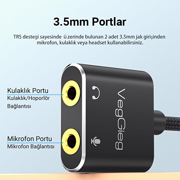 VegGieg Type-C Ses Kartı 3.5mm Kulaklık ve Mikrofon Girişli V-K105
