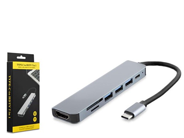 Hadron HDX7835 Type-C - 3xUSB 3.0 - Type-C - HDMI 4K 30Hz- Kart Okuyucu 7in1 Dönüştürücü Adaptör - Gri