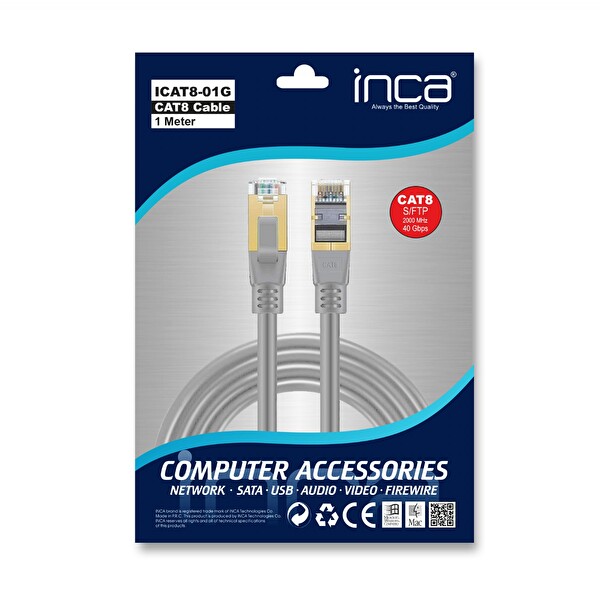Inca ICAT8-01G Cat8 S/FTP 40Gbps 2000Mhz High Speed %100 Copper Network Kablo 1 Metre-Gri