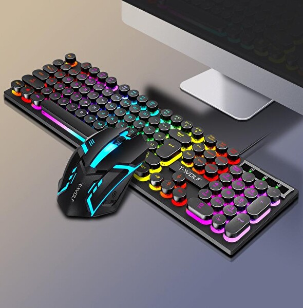Valkyrie T-Wolf TF270 Rainbow RGB Mekanik Hisli Gaming Klavye Mouse Seti Punk Keycap İngilizce