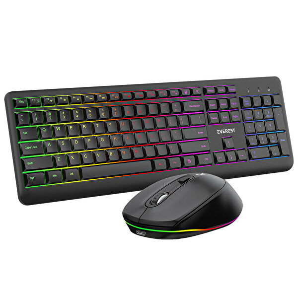 Everest KM-1500 Siyah Kablosuz Rainbow Aydınlatmalı Q Multimedia Klavye ve Mouse Seti