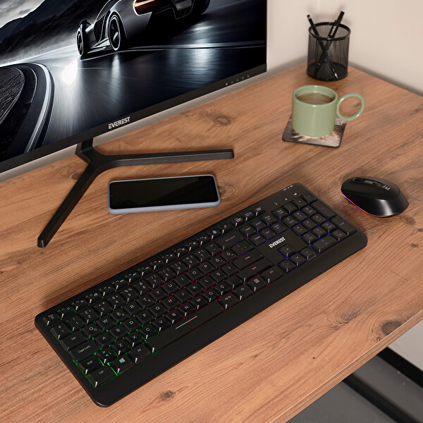 Everest KM-1500 Siyah Kablosuz Rainbow Aydınlatmalı Q Multimedia Klavye ve Mouse Seti