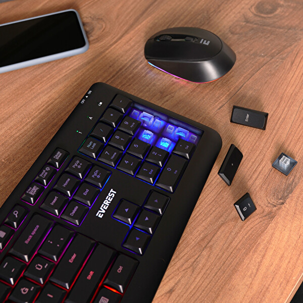 Everest KM-1500 Siyah Kablosuz Rainbow Aydınlatmalı Q Multimedia Klavye ve Mouse Seti