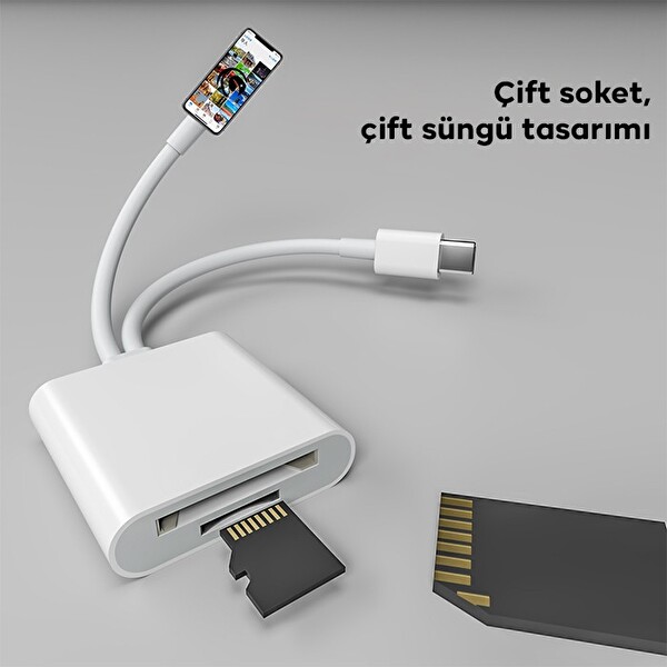Ally NK-101YST PRO Type-C/Lightning to SD-TF Kart Çevirici Adaptör Beyaz