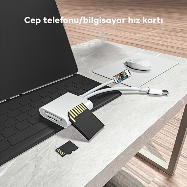 Ally NK-101YST PRO Type-C/Lightning to SD-TF Kart Çevirici Adaptör Beyaz