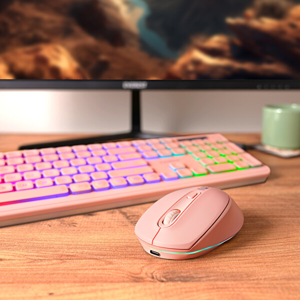 Everest KM-319BT Pembe 2.4G+BT1+BT2 Çoklu Cihaz Bağlantılı Q Set Kablosuz Klavye - Mouse