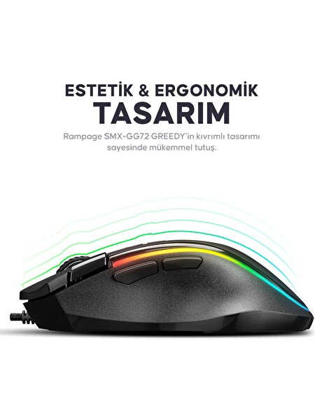 Rampage SMX-G72 Greedy 7200DPI RGB Ledli 8 Tuşlu Makrolu Gaming Mouse