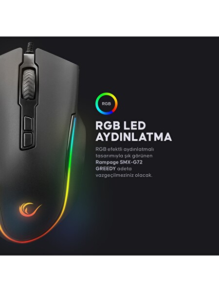 Rampage SMX-G72 Greedy 7200DPI RGB Ledli 8 Tuşlu Makrolu Gaming Mouse