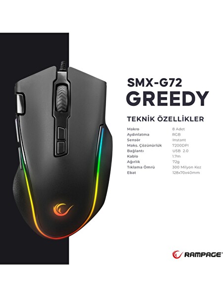 Rampage SMX-G72 Greedy 7200DPI RGB Ledli 8 Tuşlu Makrolu Gaming Mouse