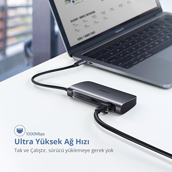 Ugreen 50771 CM212 6in1 USB C to 1GB/s Ethernet 4K HDMI USB 3.0 Hub Çoklayıcı 100W Hızlı PD Şarj