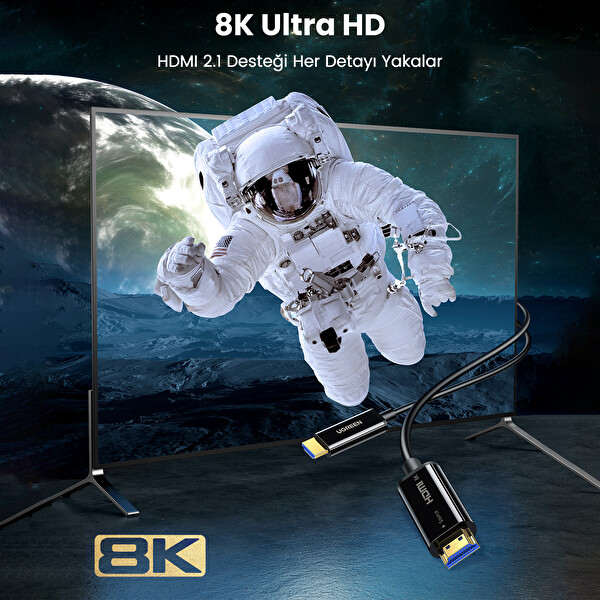 Ugreen 80406 HD141 8K 60 Hz 4K 120Hz 2K 165 Hz HDMI 2.1 Fiber Optik Görüntü Aktarma Kablosu 10 M