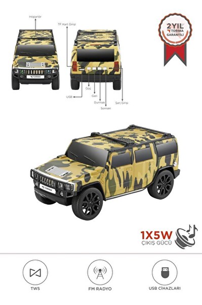 Torima D-48 Kamuflaj Araba Tasarım USB - TWS - FM Bluetooth Hoparlör Speaker