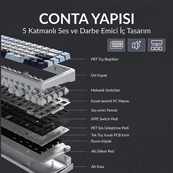 Aula F65 Reaper Switch Mekanik RGB TKL Makrolu Hot Swap Kablosuz Klavye Buz Mavisi