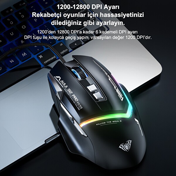Aula S12 Pro 12800 DPI 8 Tuşlu Makrolu Kablolu Optik Gaming Oyuncu Mouse Beyaz