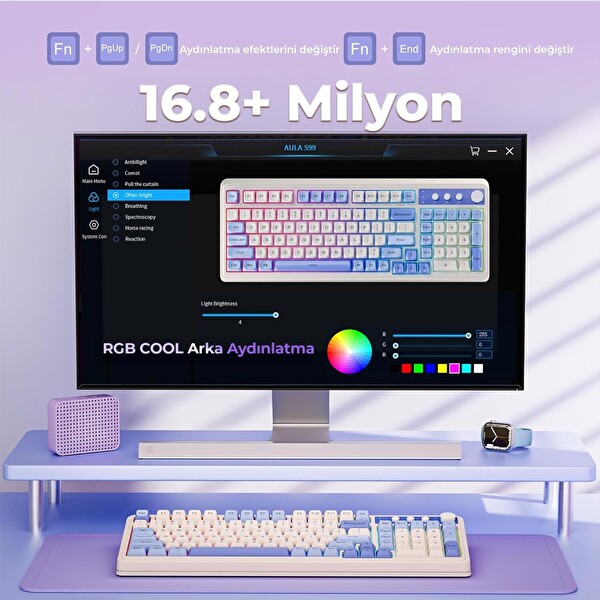 Aula S99 Retro RGB Gaming 3 Modlu Bluetooth 2.4 GHz USB-C Kablosuz Makrolu Türkçe Q Klavye Mavi