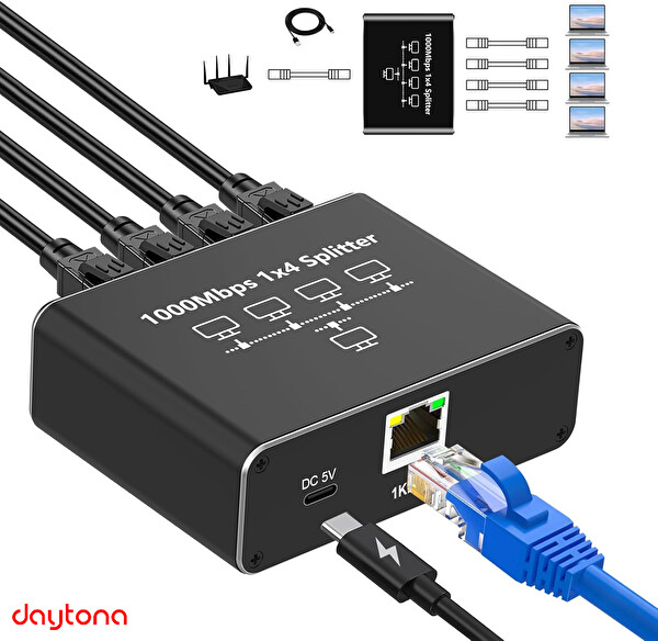 Daytona ZR889 1000MBPS Type- C Güç Kablosu ve RJ45 Network Splitter Adaptör