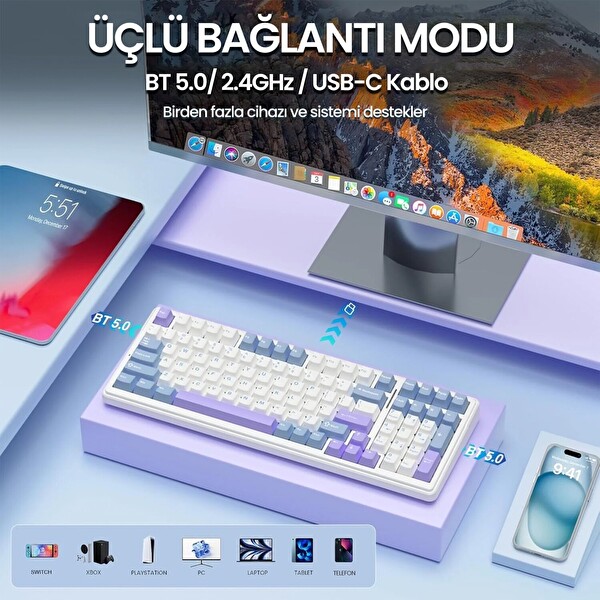 Aula F99 3 Modlu RGB Hot Swap Mekanik Reaper Switch Kablosuz Makrolu Klavye Mavi