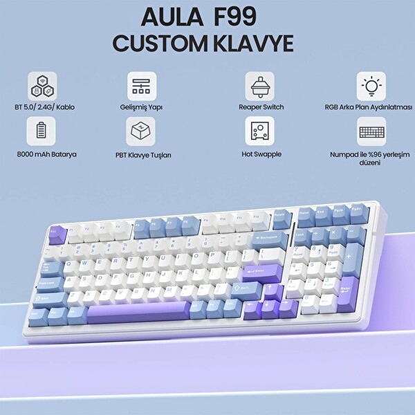 Aula F99 3 Modlu RGB Hot Swap Mekanik Reaper Switch Kablosuz Makrolu Klavye Mavi