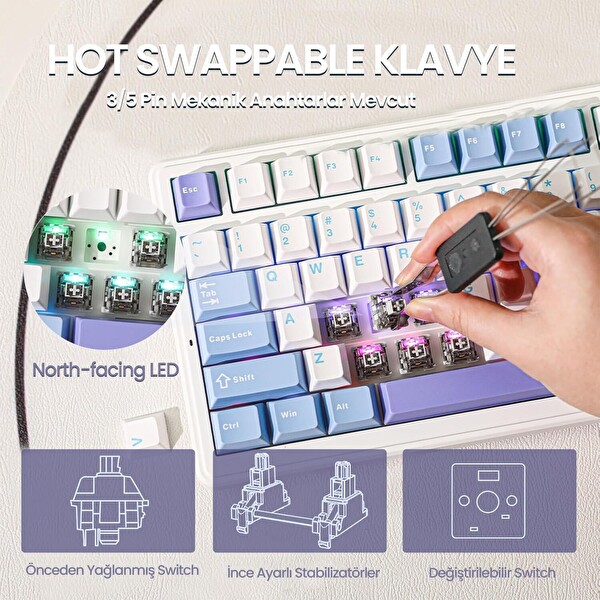 Aula F99 3 Modlu RGB Hot Swap Mekanik Reaper Switch Kablosuz Makrolu Klavye Mavi