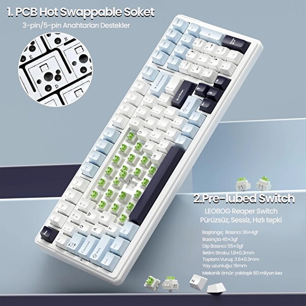 Aula F99 3 Modlu RGB Hot Swap Mekanik Reaper Switch Kablosuz Makrolu Klavye Lacivert