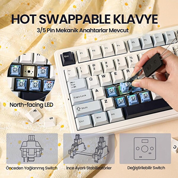 Aula F99 3 Modlu RGB Hot Swap Mekanik Reaper Switch Kablosuz Makrolu Klavye Lacivert