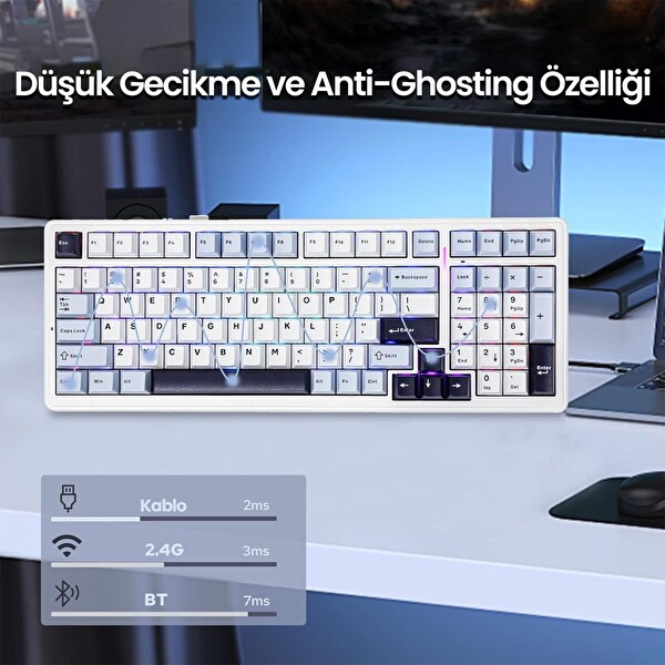 Aula F99 3 Modlu RGB Hot Swap Mekanik Reaper Switch Kablosuz Makrolu Klavye Lacivert