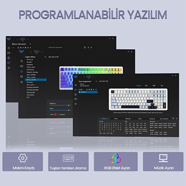 Aula F99 3 Modlu RGB Hot Swap Mekanik Reaper Switch Kablosuz Makrolu Klavye Lacivert