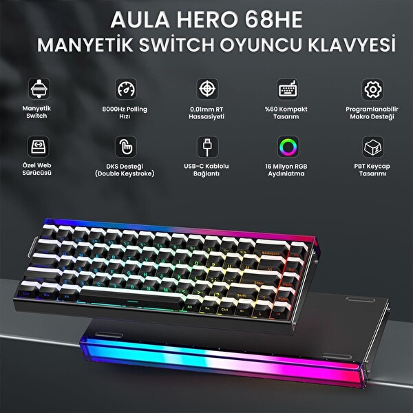 Aula Hero 68 HE Manyetik Klavye Rapid Trigger Jade King Switch 8000Hz RGB Neon TKL Hot Swap Oyuncu Klavyesi Siyah