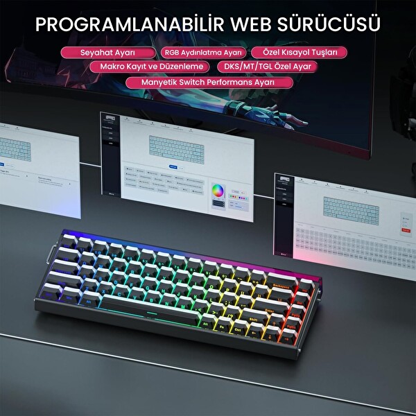 Aula Hero 68 HE Manyetik Klavye Rapid Trigger Jade King Switch 8000Hz RGB Neon TKL Hot Swap Oyuncu Klavyesi Siyah