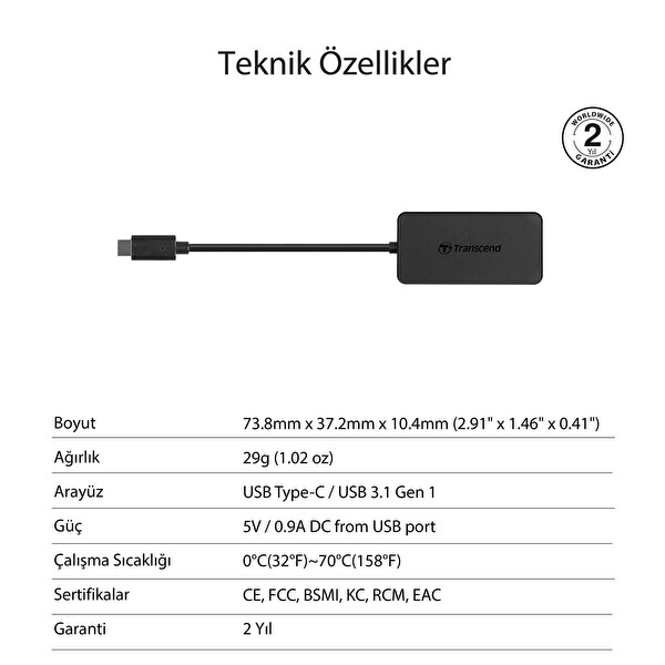 Transcend TS-HUB2C USB-C Cihazlarınız İçin 4 Portlu USB 3.1 Hub