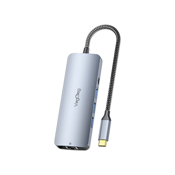 VegGieg 4K 60Hz HDMI Gigabit Ethernet 3×USB-A 2×Type-C 3.5mm AUX SD/Micro SD Kart Okuyucu Çoklayıcı Hub