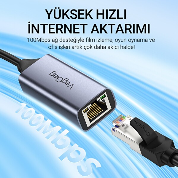 VegGieg USB Type-C to 100 Mbps RJ45 Lan Ethernet İnternet Bağlantı Çevirici Dönüştürücü Adaptör