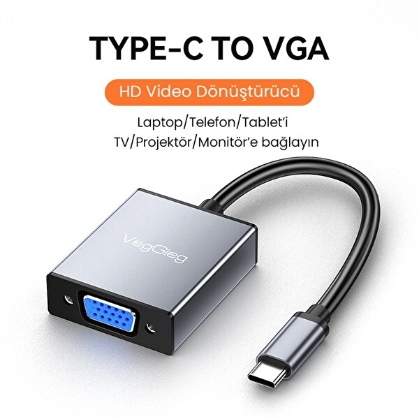 VegGieg Type-C to VGA 1080P 60Hz Çevirici Dönüştürücü Kablo Adaptör