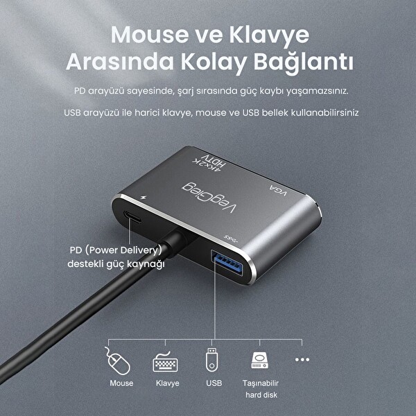 VegGieg Type-C 4K HDMI 1080P VGA USB 3.0 PD Dönüştürücü Çevirici Hub