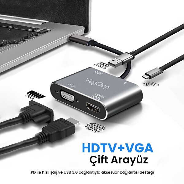 VegGieg Type-C 4K HDMI 1080P VGA USB 3.0 PD Dönüştürücü Çevirici Hub