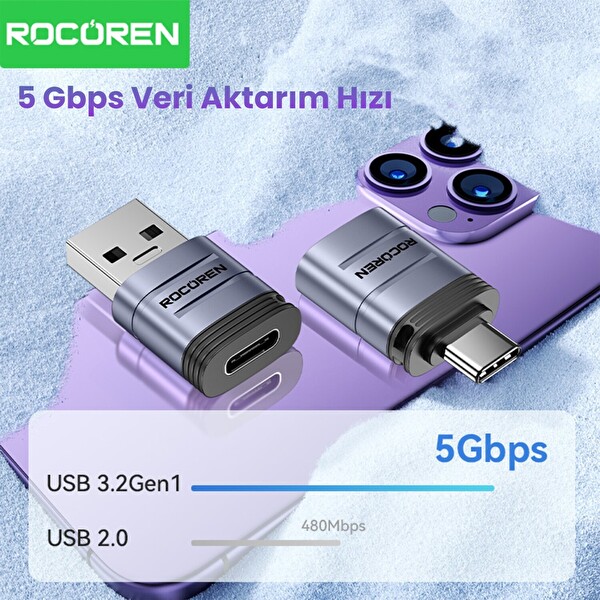 Rocoren USB 3.2 Gen1 Erkek to Type-C Dişi OTG Çevirici Dönüştürücü Adaptör