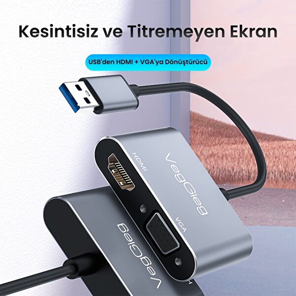 VegGieg USB-A to 4K 30Hz HDMI ve 1080P 60Hz VGA Görüntü Çevirici Kablo