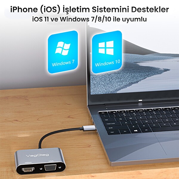 VegGieg USB-A to 4K 30Hz HDMI ve 1080P 60Hz VGA Görüntü Çevirici Kablo