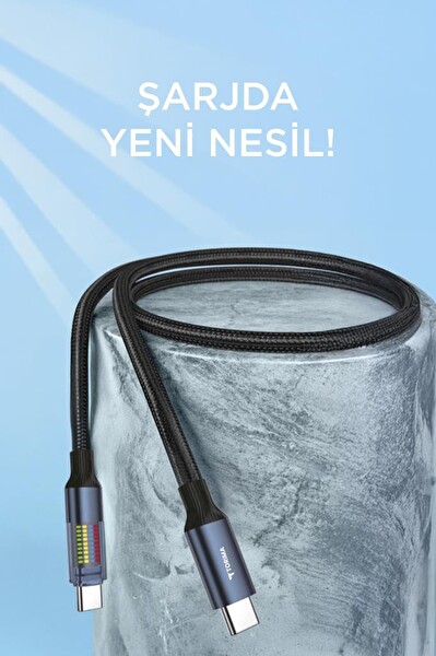 Torima U21 Siyah Type-C to Type-C 60W Hızlı Şarj Kablosu – LED Ekranlı, Dayanıklı Örgü Kablo